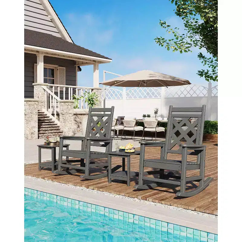 Outdoor Rocking Chair, HDPE Weather Resistant Patio Rocking Chair Porch Rocker with Wood Texture & 380Lbs Support for Deck, Pool, Backyard, Black