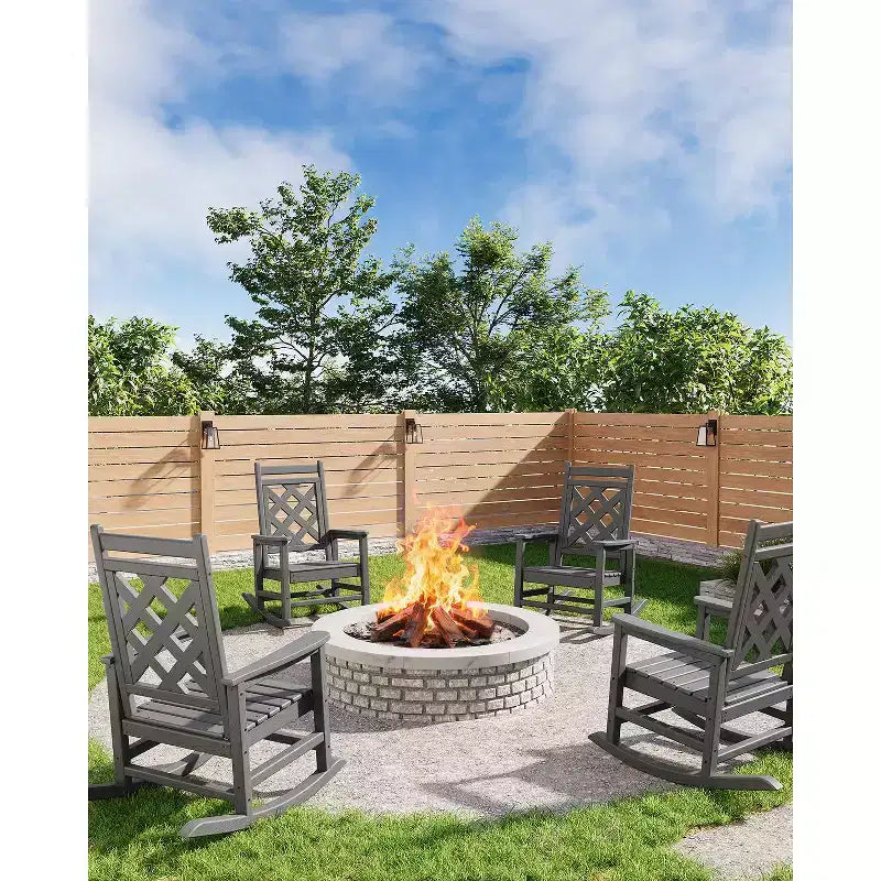 Outdoor Rocking Chair, HDPE Weather Resistant Patio Rocking Chair Porch Rocker with Wood Texture & 380Lbs Support for Deck, Pool, Backyard, Black