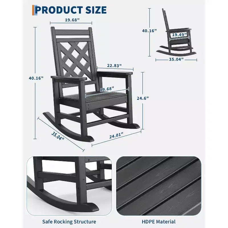 Outdoor Rocking Chair, HDPE Weather Resistant Patio Rocking Chair Porch Rocker with Wood Texture & 380Lbs Support for Deck, Pool, Backyard, Black