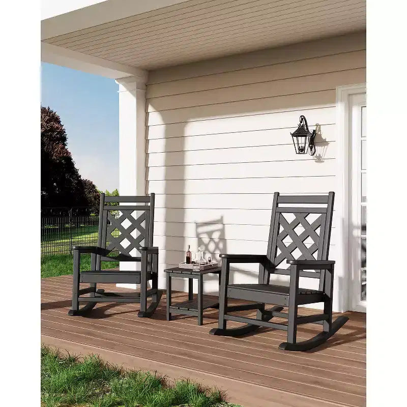 Outdoor Rocking Chair, HDPE Weather Resistant Patio Rocking Chair Porch Rocker with Wood Texture & 380Lbs Support for Deck, Pool, Backyard, Black