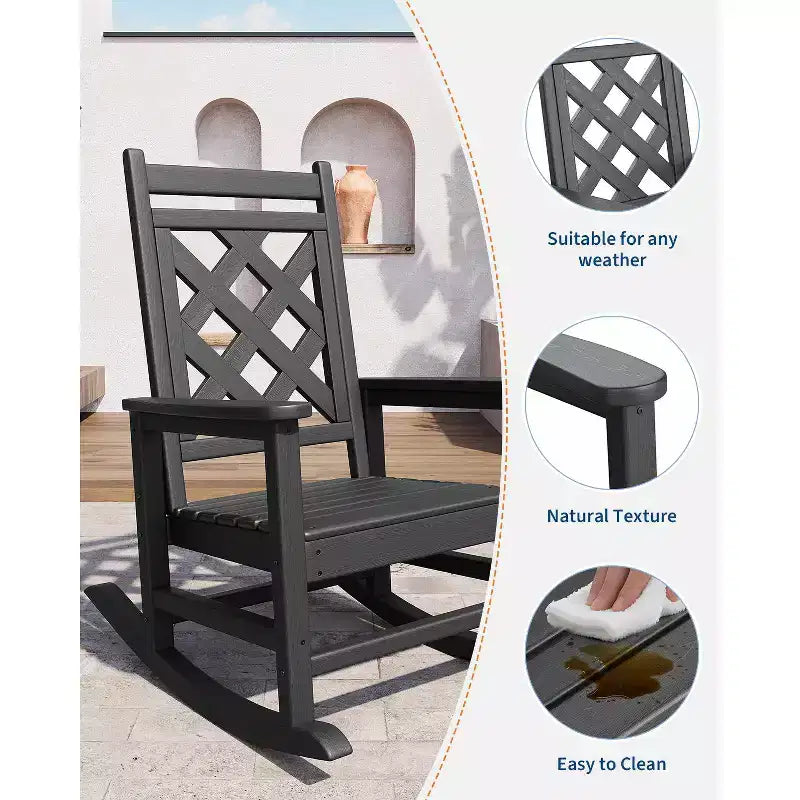 Outdoor Rocking Chair, HDPE Weather Resistant Patio Rocking Chair Porch Rocker with Wood Texture & 380Lbs Support for Deck, Pool, Backyard, Black