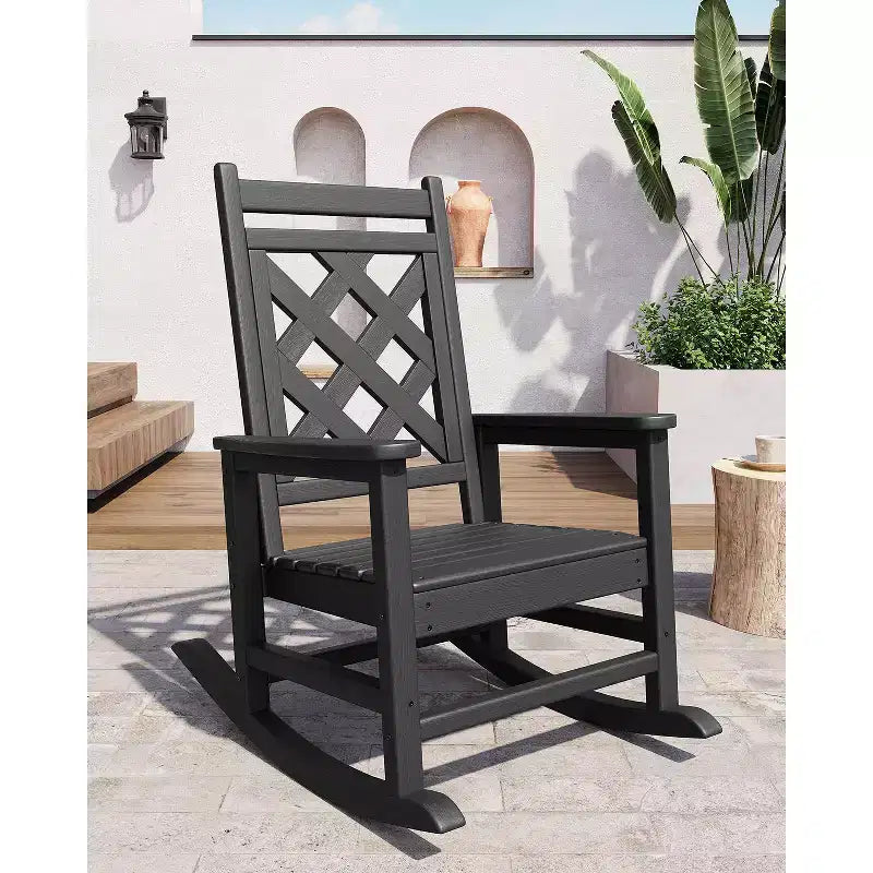 Outdoor Rocking Chair, HDPE Weather Resistant Patio Rocking Chair Porch Rocker with Wood Texture & 380Lbs Support for Deck, Pool, Backyard, Black