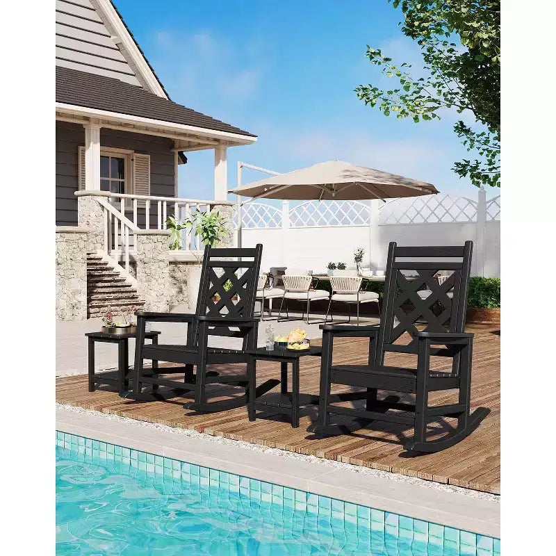 Outdoor Rocking Chair, HDPE Weather Resistant Patio Rocking Chair Porch Rocker with Wood Texture & 380Lbs Support for Deck, Pool, Backyard, Black