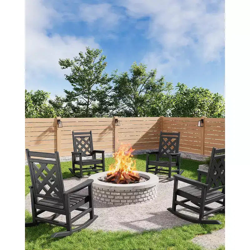 Outdoor Rocking Chair, HDPE Weather Resistant Patio Rocking Chair Porch Rocker with Wood Texture & 380Lbs Support for Deck, Pool, Backyard, Black