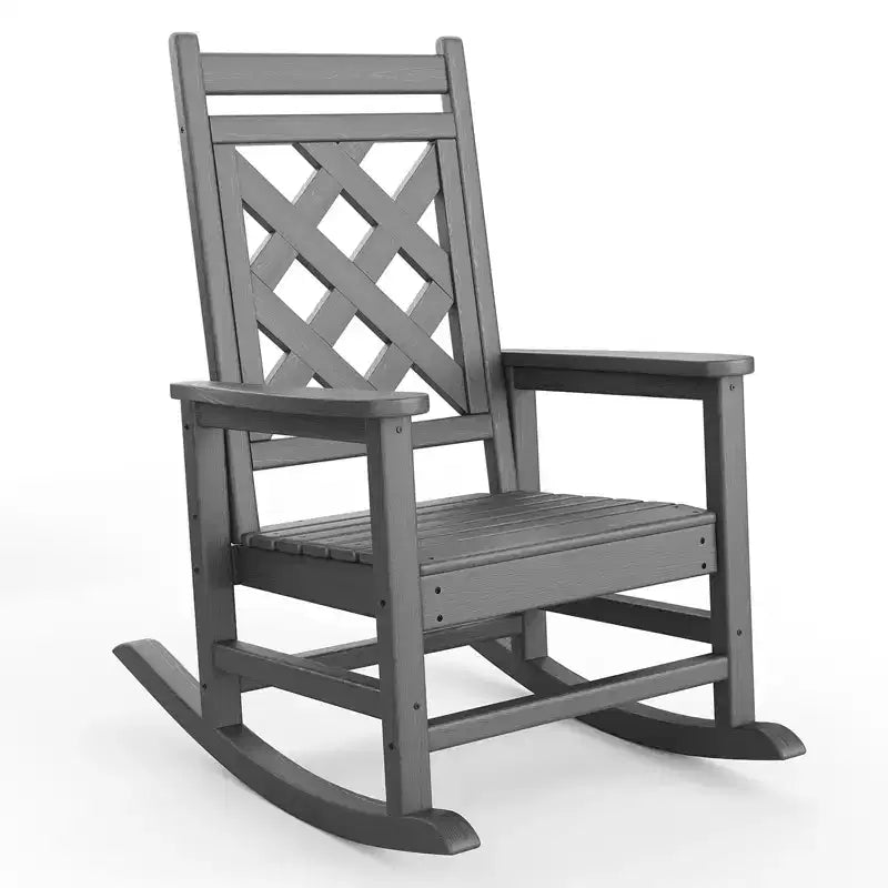 Outdoor Rocking Chair, HDPE Weather Resistant Patio Rocking Chair Porch Rocker with Wood Texture & 380Lbs Support for Deck, Pool, Backyard, Black