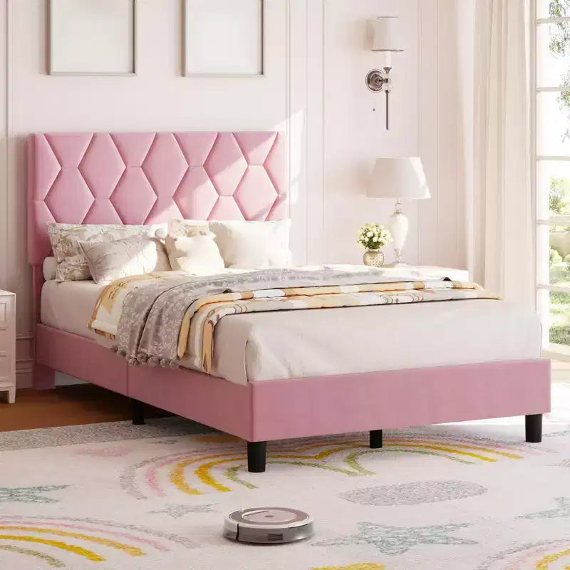Bed Frame, Upholstered Platform Bed Frame with Height-Adjustable Headboard, Wooden Slatted Support, No Box Spring Required, No Noise