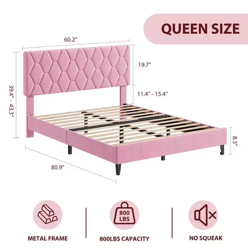Bed Frame, Upholstered Platform Bed Frame with Height-Adjustable Headboard, Wooden Slatted Support, No Box Spring Required, No Noise