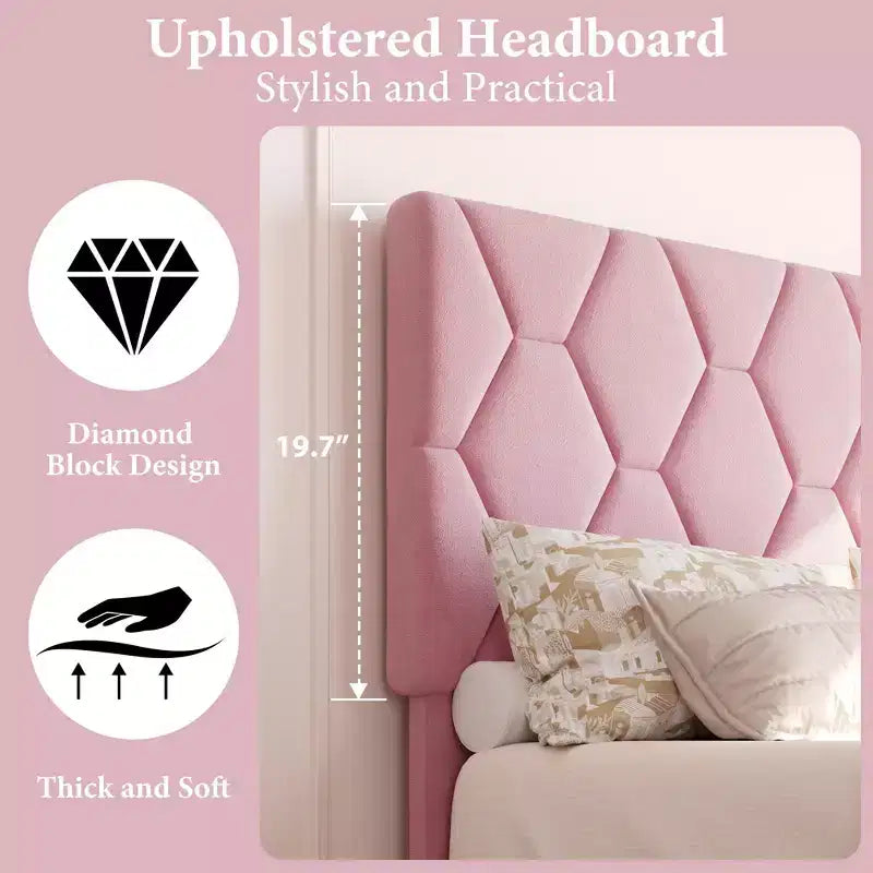Bed Frame, Upholstered Platform Bed Frame with Height-Adjustable Headboard, Wooden Slatted Support, No Box Spring Required, No Noise
