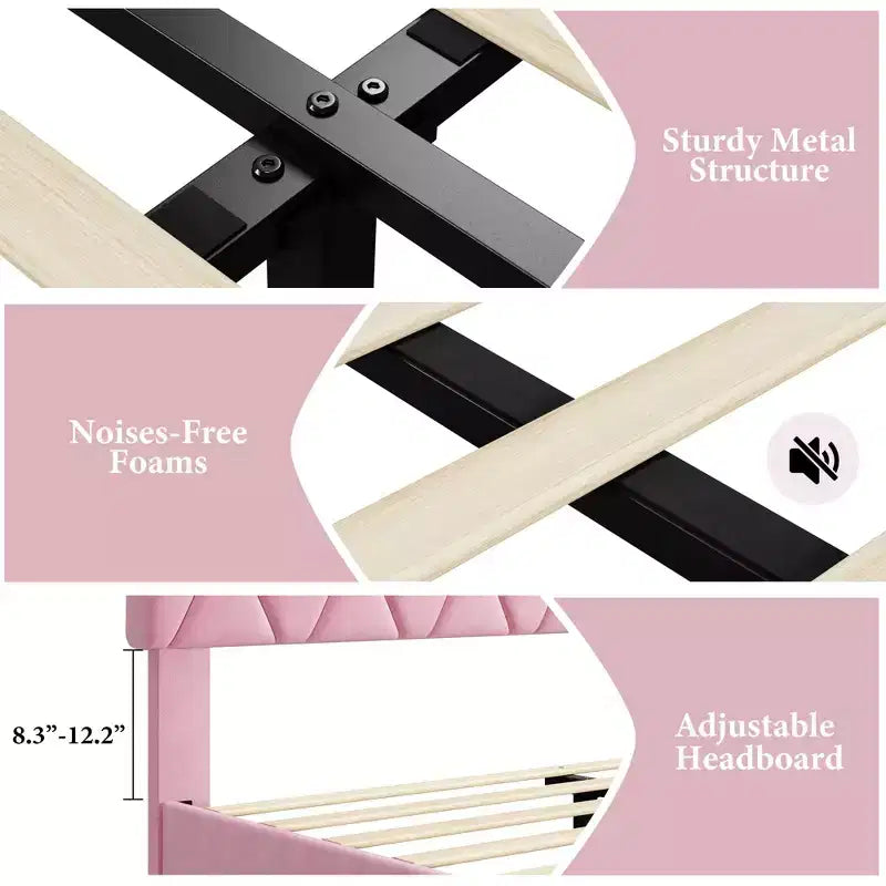 Bed Frame, Upholstered Platform Bed Frame with Height-Adjustable Headboard, Wooden Slatted Support, No Box Spring Required, No Noise