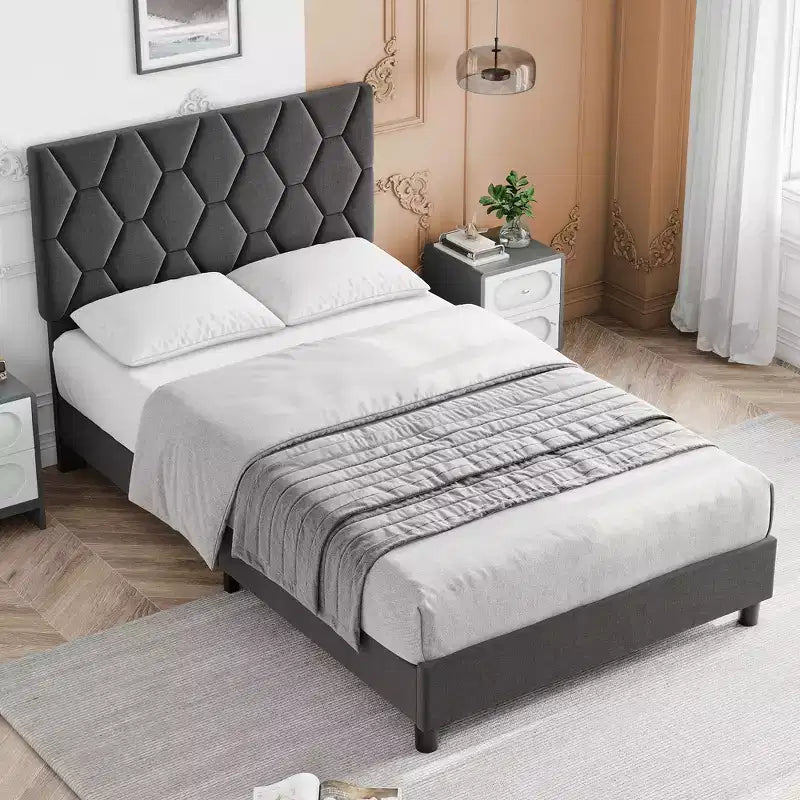 Bed Frame, Upholstered Platform Bed Frame with Height-Adjustable Headboard, Wooden Slatted Support, No Box Spring Required, No Noise