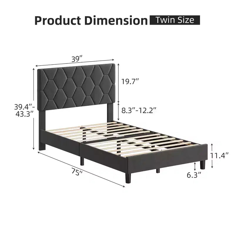 Bed Frame, Upholstered Platform Bed Frame with Height-Adjustable Headboard, Wooden Slatted Support, No Box Spring Required, No Noise