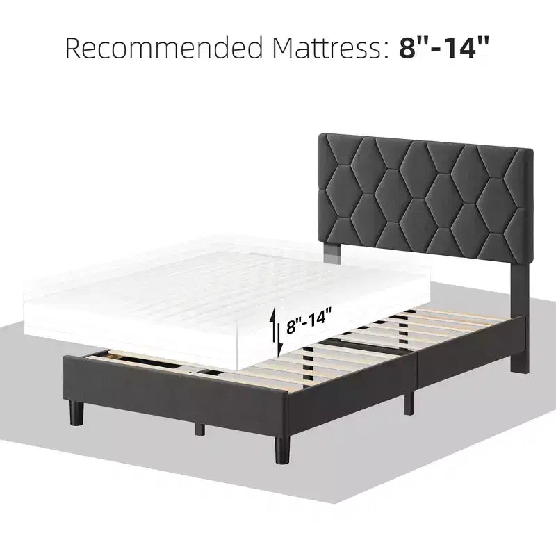 Bed Frame, Upholstered Platform Bed Frame with Height-Adjustable Headboard, Wooden Slatted Support, No Box Spring Required, No Noise