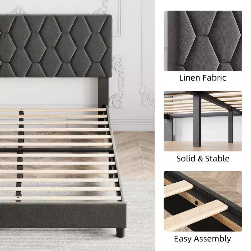 Bed Frame, Upholstered Platform Bed Frame with Height-Adjustable Headboard, Wooden Slatted Support, No Box Spring Required, No Noise