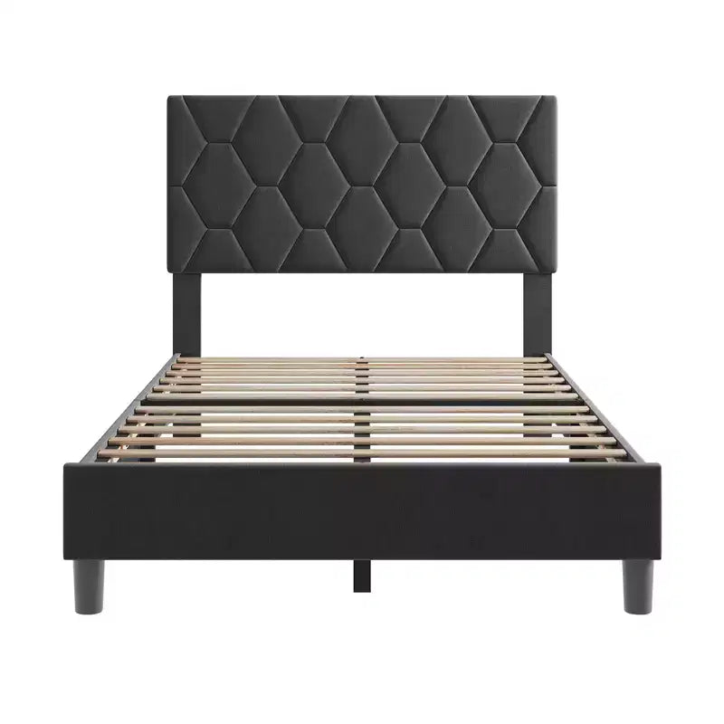 Bed Frame, Upholstered Platform Bed Frame with Height-Adjustable Headboard, Wooden Slatted Support, No Box Spring Required, No Noise