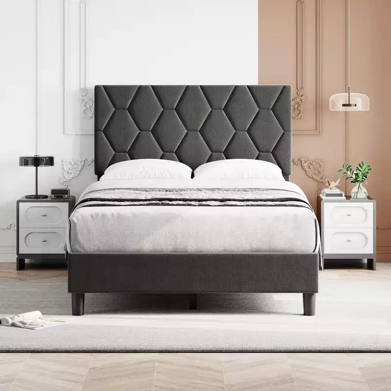 Bed Frame, Upholstered Platform Bed Frame with Height-Adjustable Headboard, Wooden Slatted Support, No Box Spring Required, No Noise
