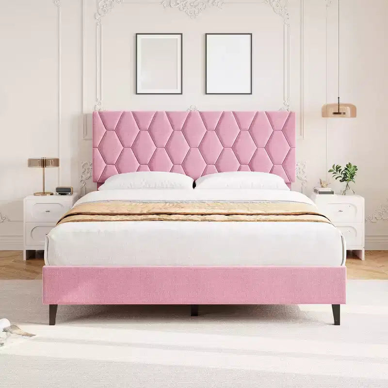 Bed Frame, Upholstered Platform Bed Frame with Height-Adjustable Headboard, Wooden Slatted Support, No Box Spring Required, No Noise