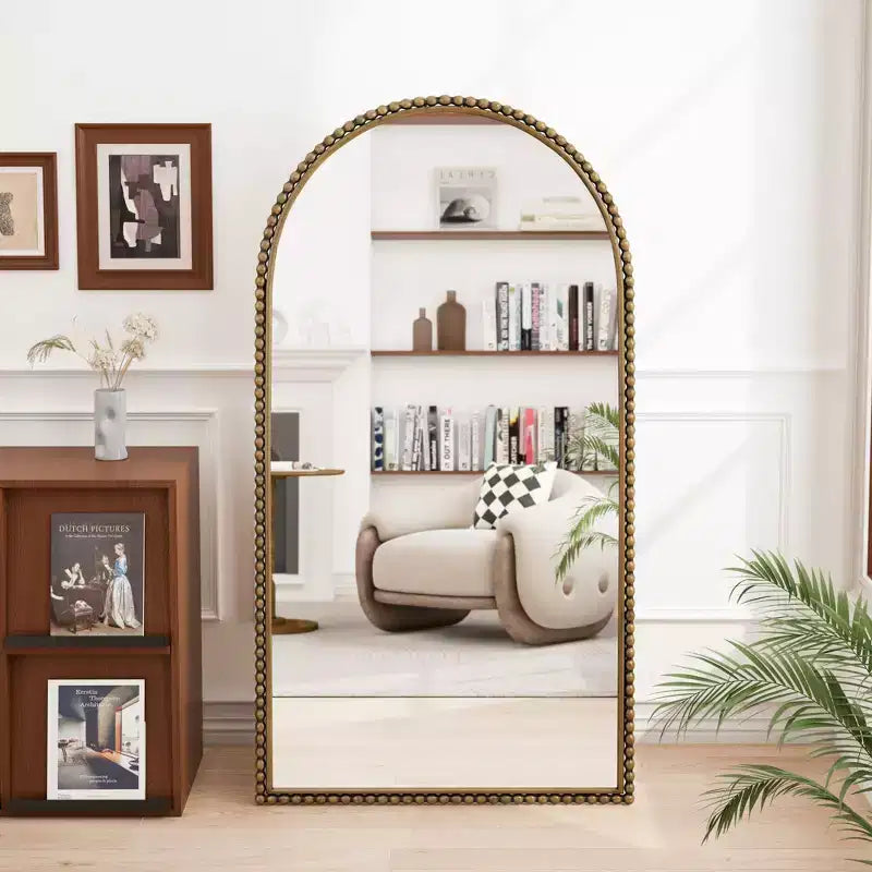 Okak 65*35in Retro Metal Full Body Mirror with Standing, Elegant Arched Mirror, Standing Mirror for Living Room, Bedroom
