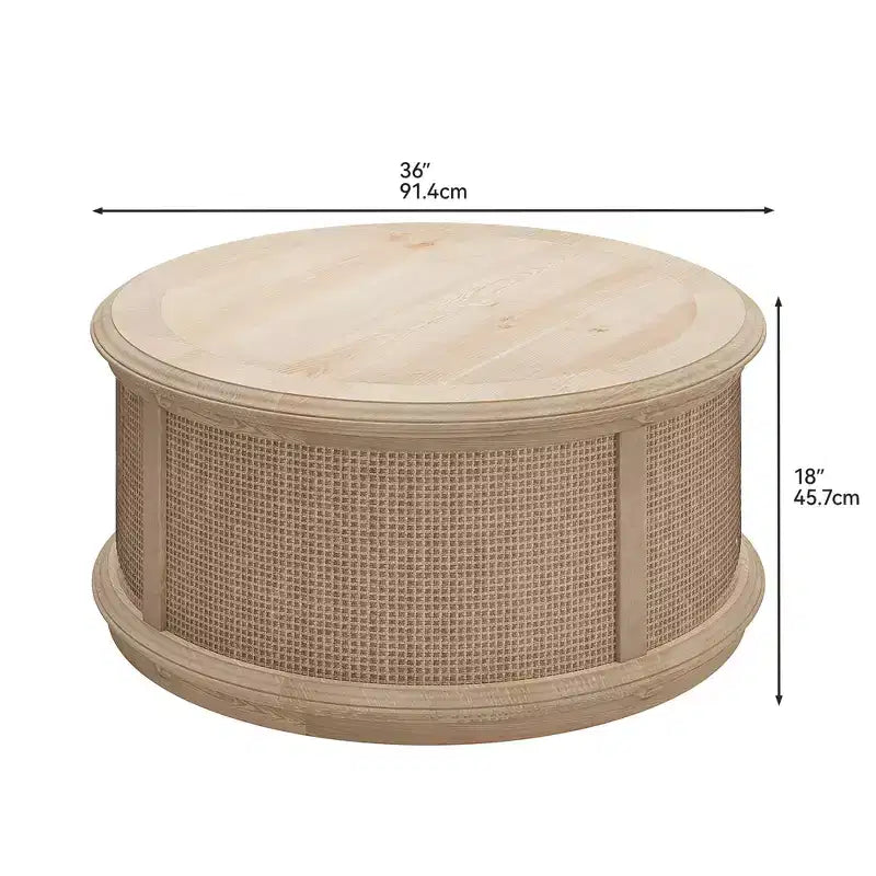 Round Rattan Drum Lift Top Coffee Table End Table Side Table for Living Room Storage Space