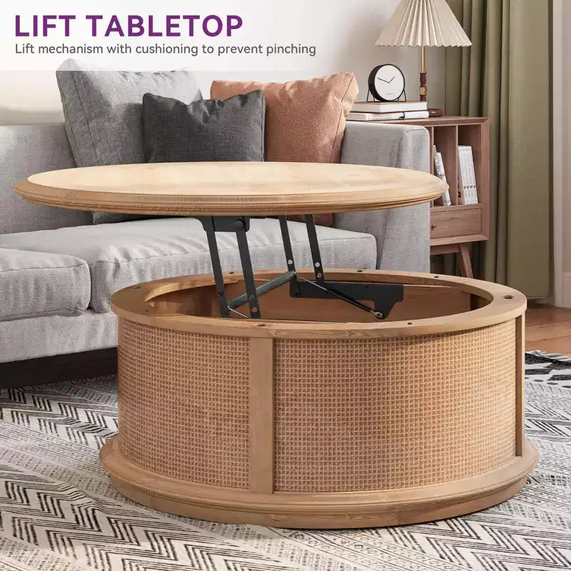 Round Rattan Drum Lift Top Coffee Table End Table Side Table for Living Room Storage Space