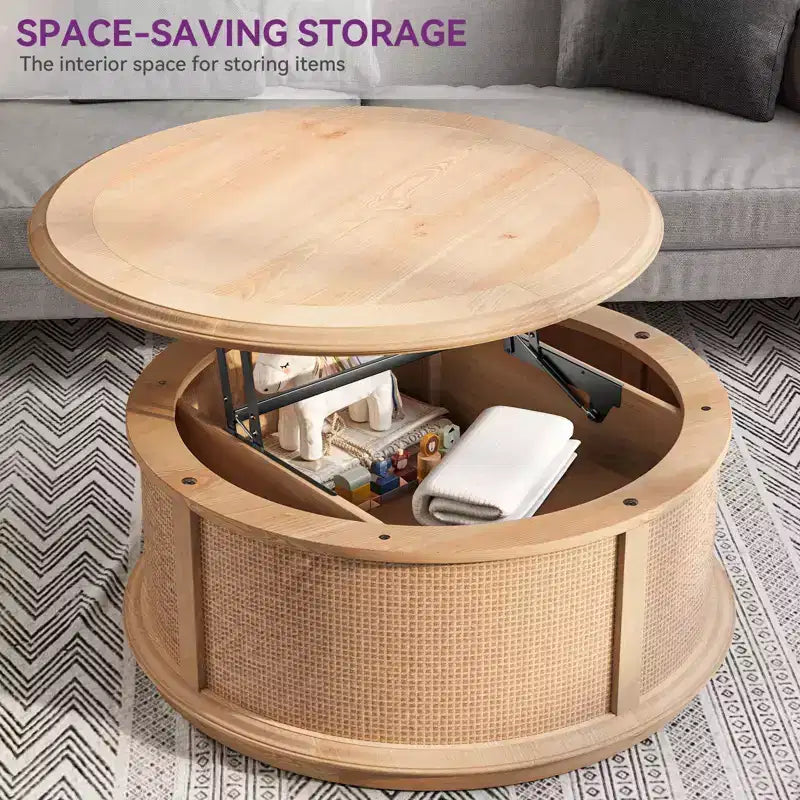 Round Rattan Drum Lift Top Coffee Table End Table Side Table for Living Room Storage Space