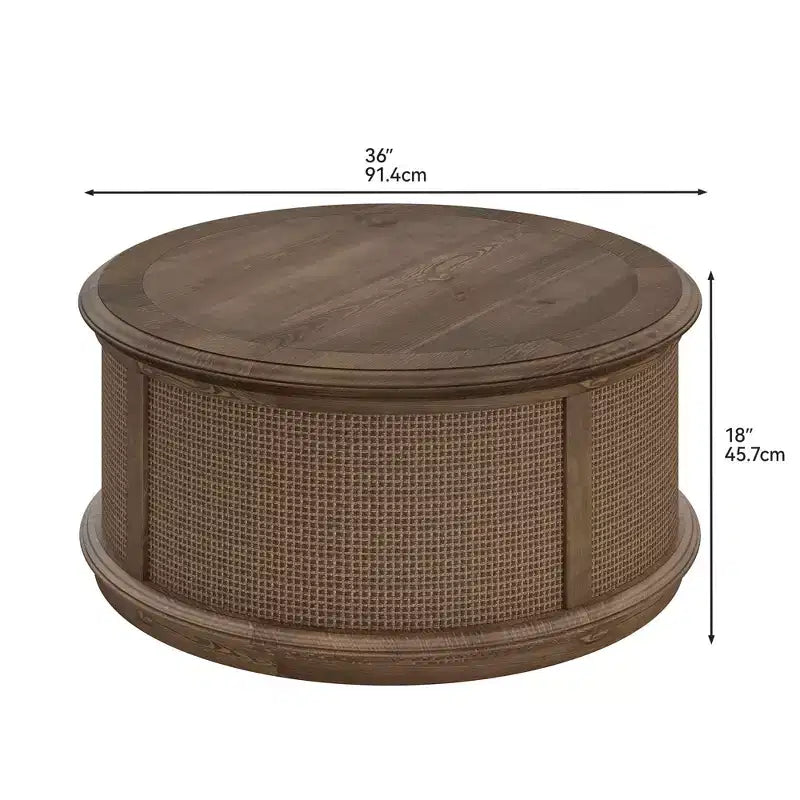 Round Rattan Drum Lift Top Coffee Table End Table Side Table for Living Room Storage Space