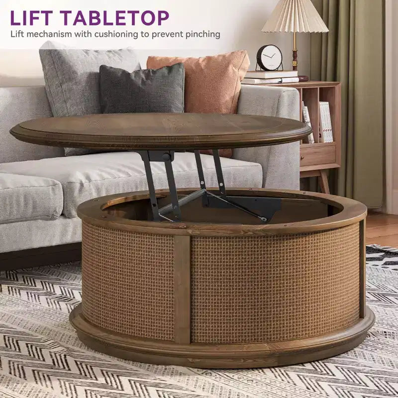 Round Rattan Drum Lift Top Coffee Table End Table Side Table for Living Room Storage Space