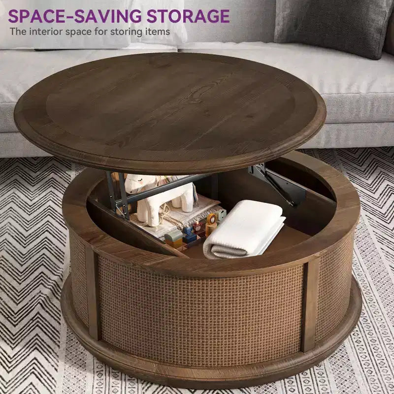 Round Rattan Drum Lift Top Coffee Table End Table Side Table for Living Room Storage Space