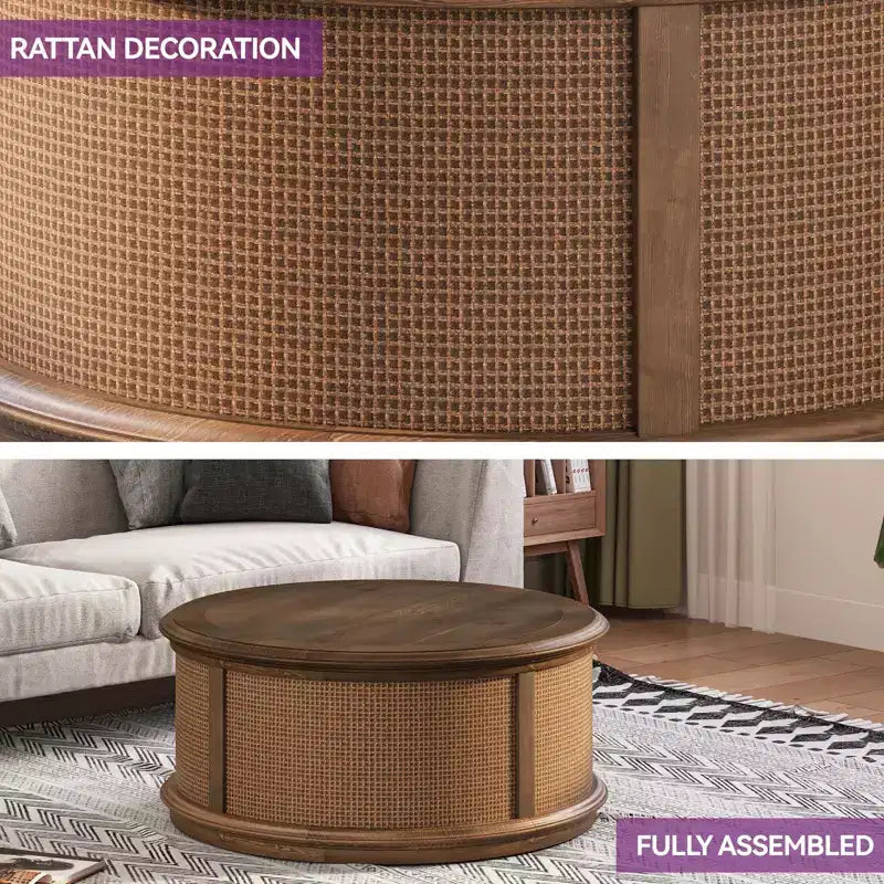 Round Rattan Drum Lift Top Coffee Table End Table Side Table for Living Room Storage Space