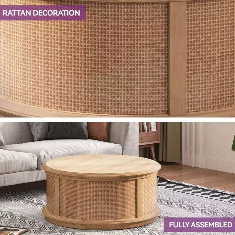 Round Rattan Drum Lift Top Coffee Table End Table Side Table for Living Room Storage Space