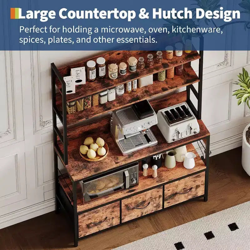 Rustic Industrial Kitchen Cart with Wood Shelves and Storage Drawers, Multifunctional Appliance Organizer for Small Spaces