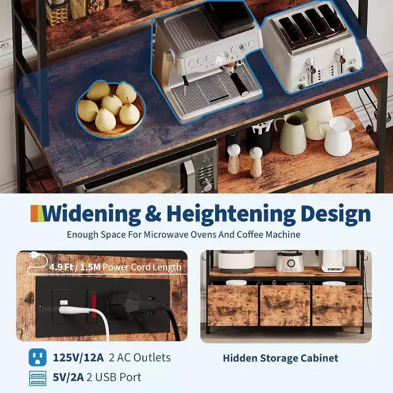 Rustic Industrial Kitchen Cart with Wood Shelves and Storage Drawers, Multifunctional Appliance Organizer for Small Spaces