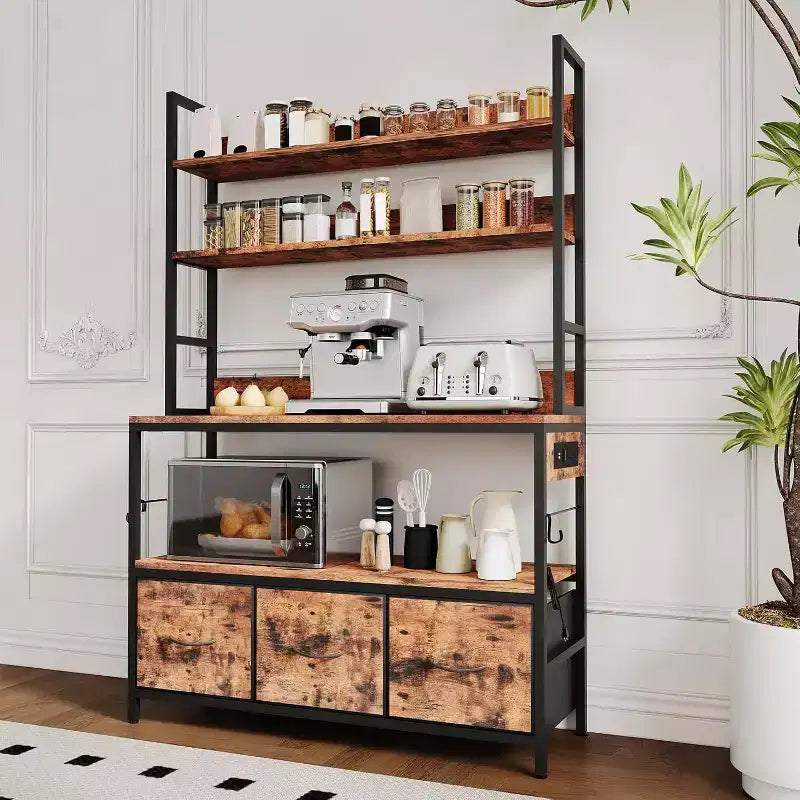 Rustic Industrial Kitchen Cart with Wood Shelves and Storage Drawers, Multifunctional Appliance Organizer for Small Spaces
