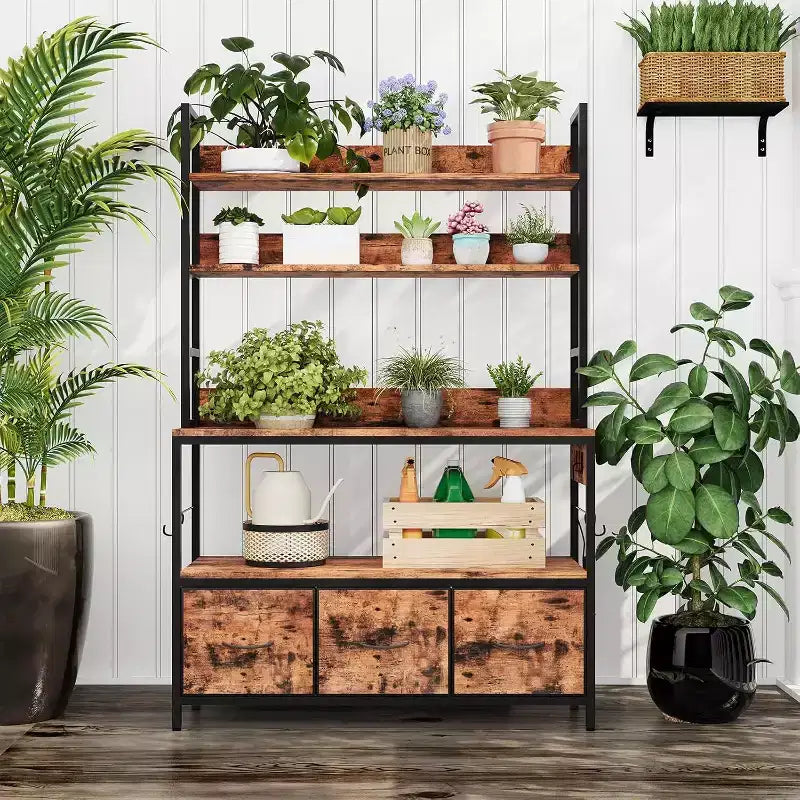Rustic Industrial Kitchen Cart with Wood Shelves and Storage Drawers, Multifunctional Appliance Organizer for Small Spaces