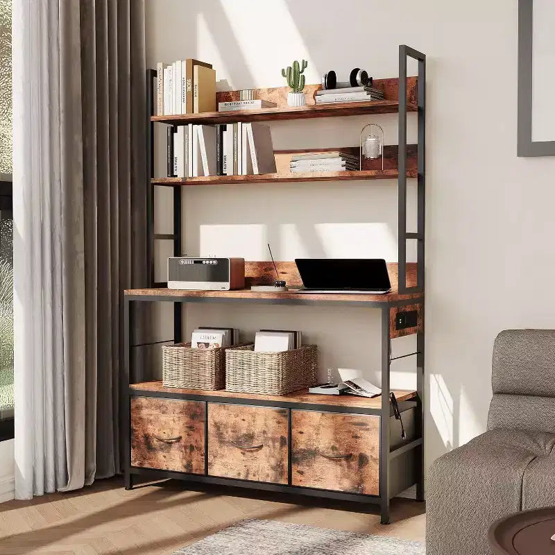 Rustic Industrial Kitchen Cart with Wood Shelves and Storage Drawers, Multifunctional Appliance Organizer for Small Spaces