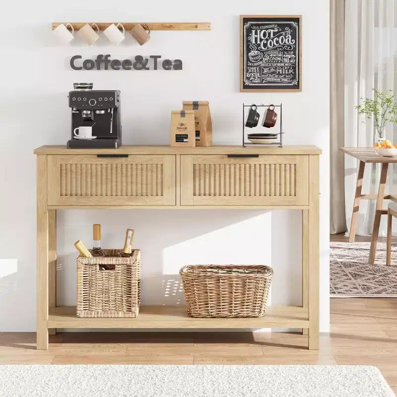 Fluted Console Table with Two Drawers, Entryway Accent Table, Wooden Sofa Table for Living Room, Foyer and Hallway, Storage Display