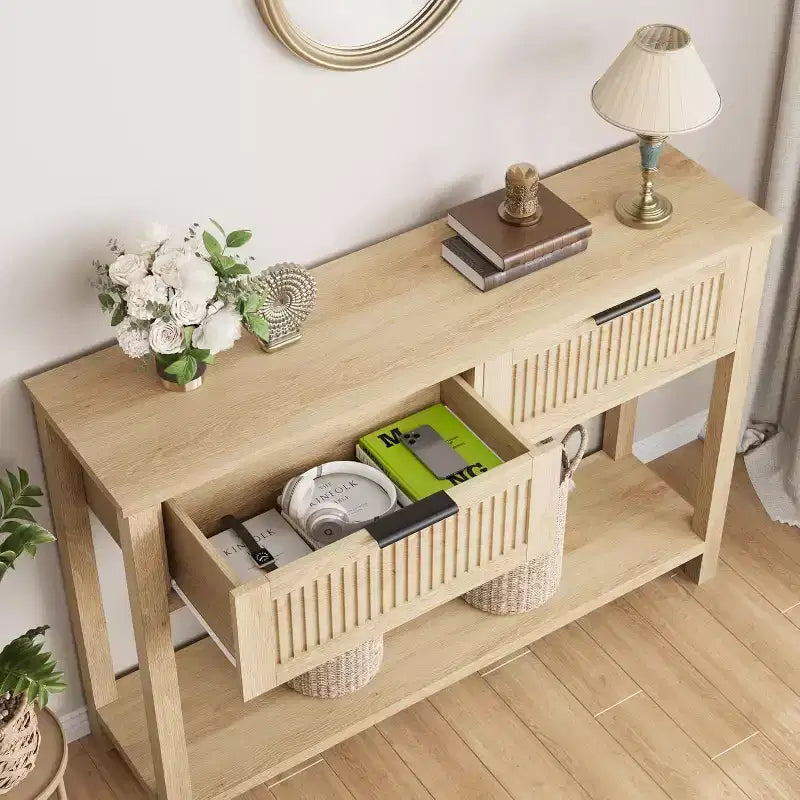 Fluted Console Table with Two Drawers, Entryway Accent Table, Wooden Sofa Table for Living Room, Foyer and Hallway, Storage Display