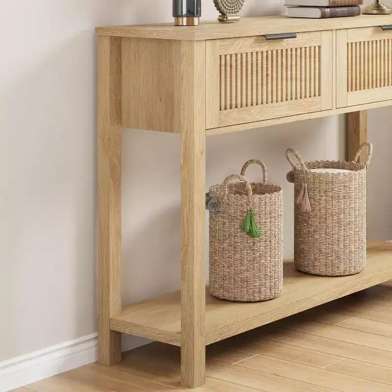 Fluted Console Table with Two Drawers, Entryway Accent Table, Wooden Sofa Table for Living Room, Foyer and Hallway, Storage Display