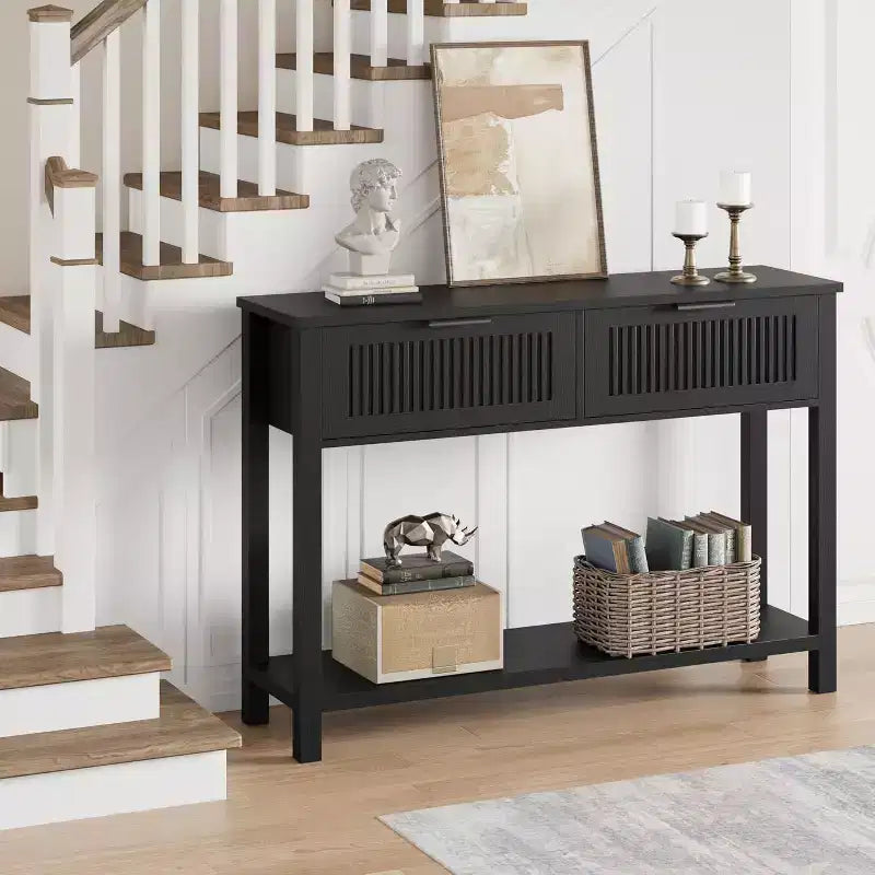 Fluted Console Table with Two Drawers, Entryway Accent Table, Wooden Sofa Table for Living Room, Foyer and Hallway, Storage Display