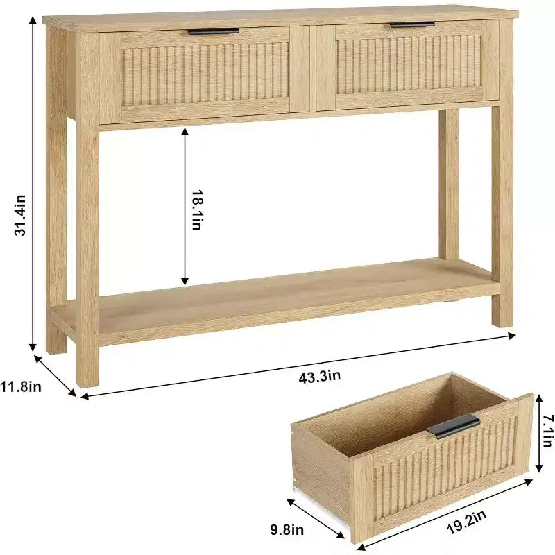 Fluted Console Table with Two Drawers, Entryway Accent Table, Wooden Sofa Table for Living Room, Foyer and Hallway, Storage Display