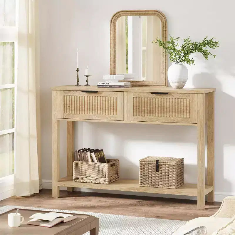 Fluted Console Table with Two Drawers, Entryway Accent Table, Wooden Sofa Table for Living Room, Foyer and Hallway, Storage Display