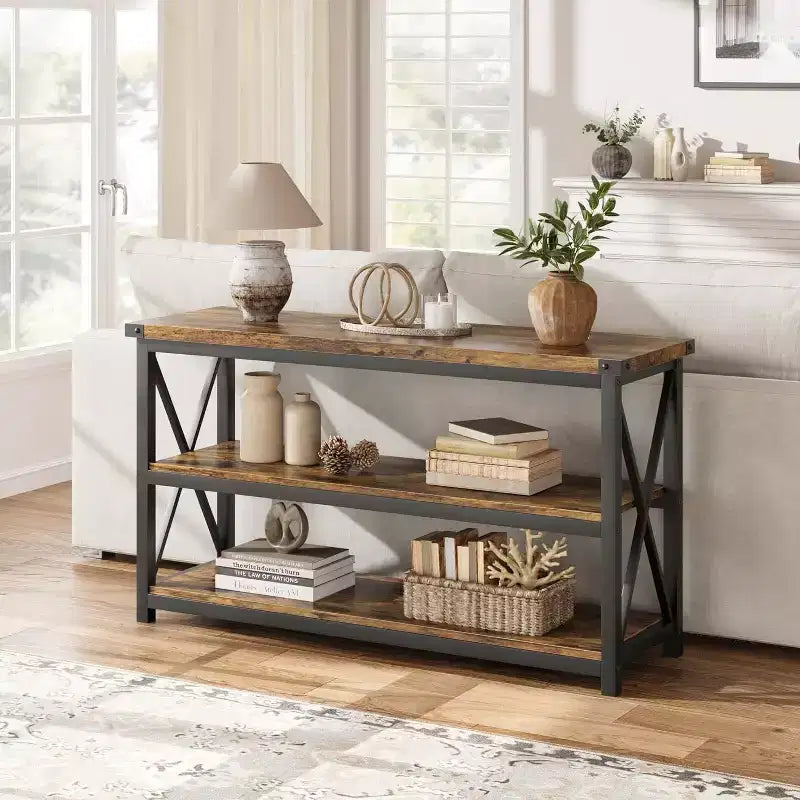47-Inch Industrial Console Table with 3 Storage Shelves, Long Rectangular Entryway Table, Sofa Table for Hallway, Living Room, Bedroom