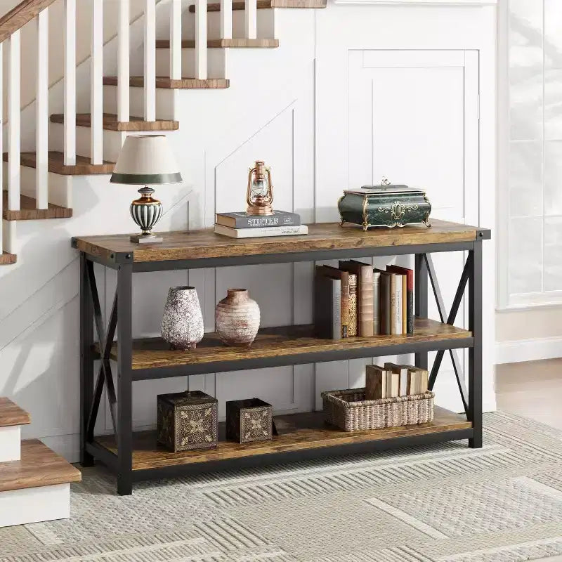 47-Inch Industrial Console Table with 3 Storage Shelves, Long Rectangular Entryway Table, Sofa Table for Hallway, Living Room, Bedroom