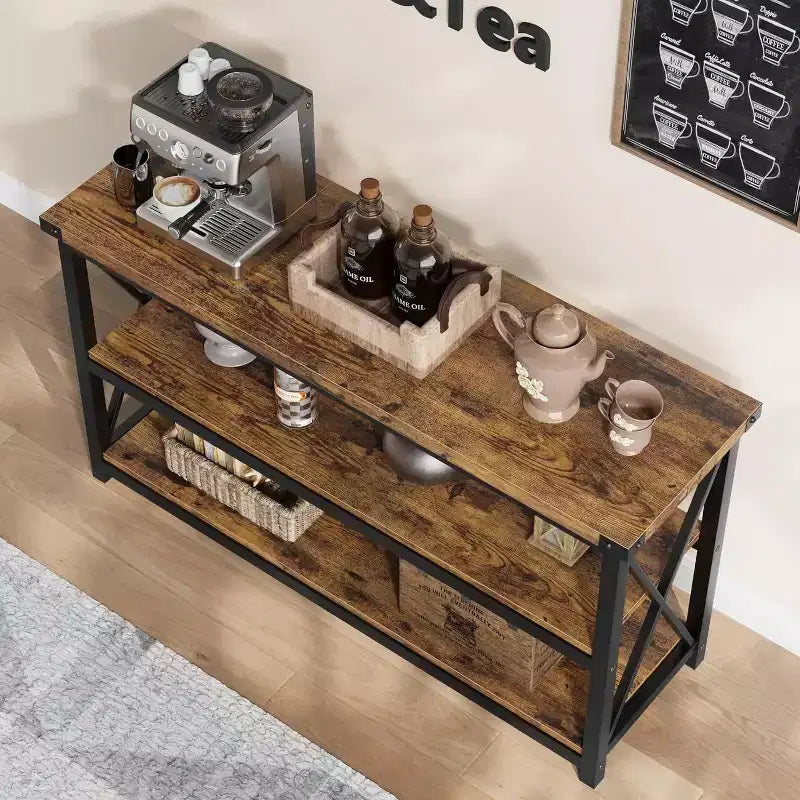 47-Inch Industrial Console Table with 3 Storage Shelves, Long Rectangular Entryway Table, Sofa Table for Hallway, Living Room, Bedroom