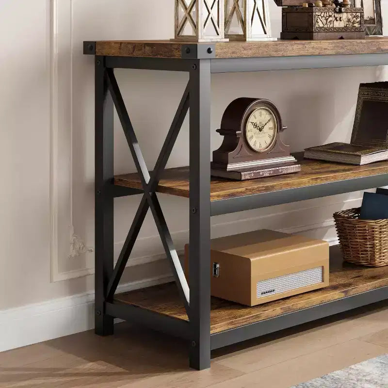 47-Inch Industrial Console Table with 3 Storage Shelves, Long Rectangular Entryway Table, Sofa Table for Hallway, Living Room, Bedroom