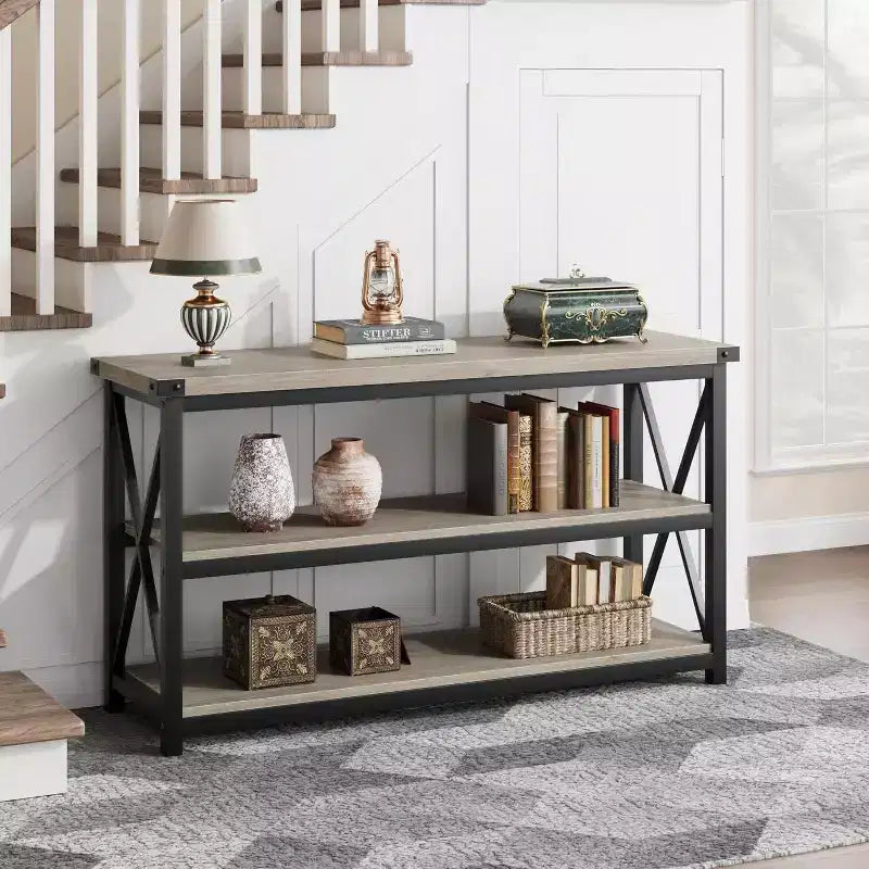 47-Inch Industrial Console Table with 3 Storage Shelves, Long Rectangular Entryway Table, Sofa Table for Hallway, Living Room, Bedroom