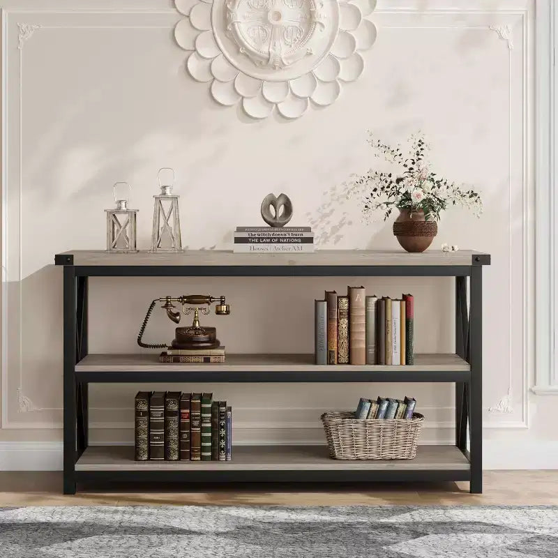 47-Inch Industrial Console Table with 3 Storage Shelves, Long Rectangular Entryway Table, Sofa Table for Hallway, Living Room, Bedroom