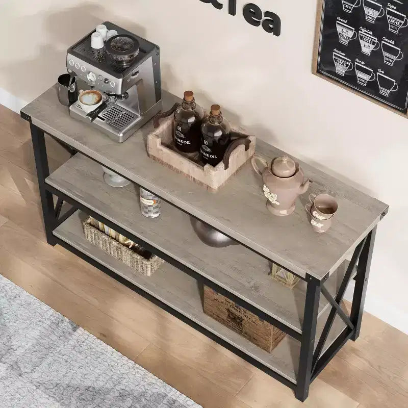 47-Inch Industrial Console Table with 3 Storage Shelves, Long Rectangular Entryway Table, Sofa Table for Hallway, Living Room, Bedroom