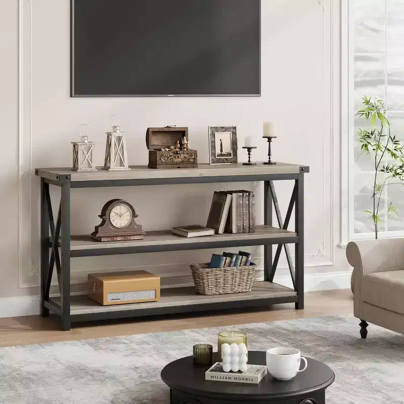 47-Inch Industrial Console Table with 3 Storage Shelves, Long Rectangular Entryway Table, Sofa Table for Hallway, Living Room, Bedroom