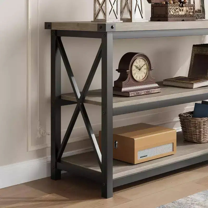 47-Inch Industrial Console Table with 3 Storage Shelves, Long Rectangular Entryway Table, Sofa Table for Hallway, Living Room, Bedroom
