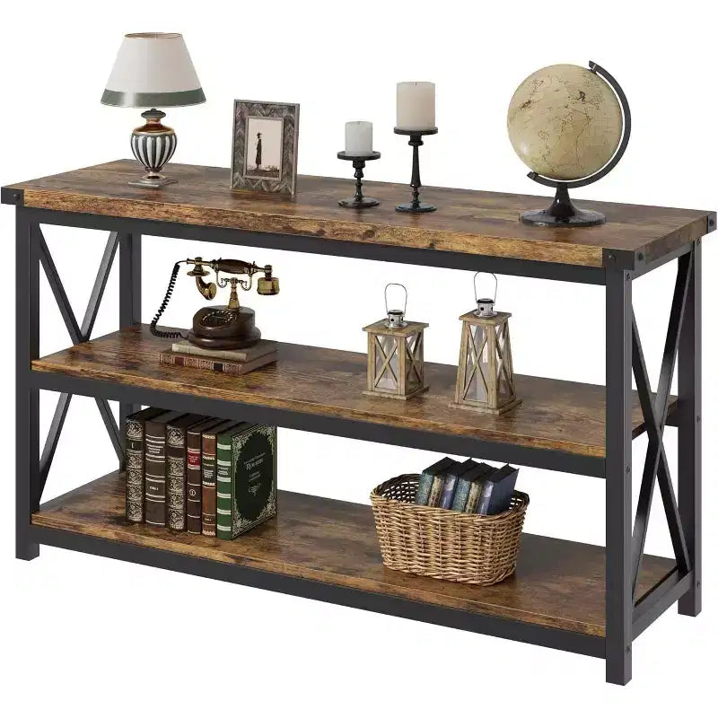 47-Inch Industrial Console Table with 3 Storage Shelves, Long Rectangular Entryway Table, Sofa Table for Hallway, Living Room, Bedroom